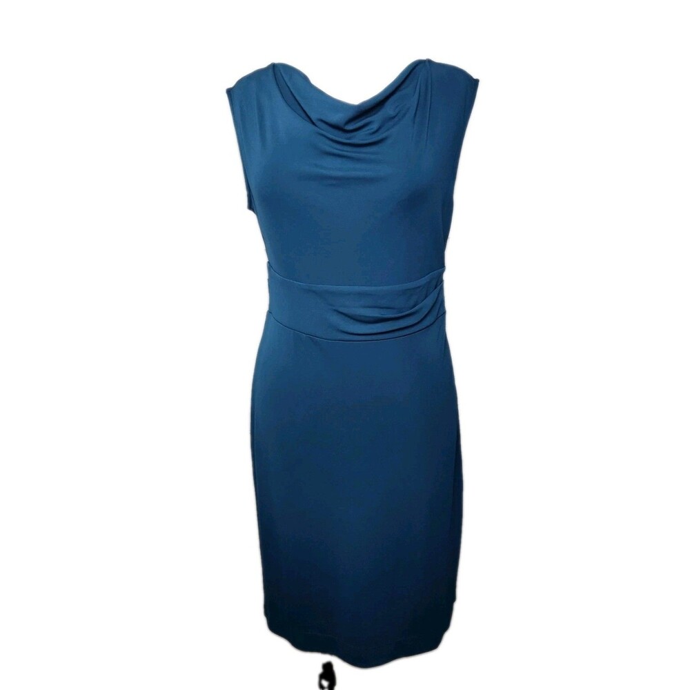 Ann Taylor Cowl-Neck Sheath Dress Womens 10P NWT Deep Teal Ruching Knee Length